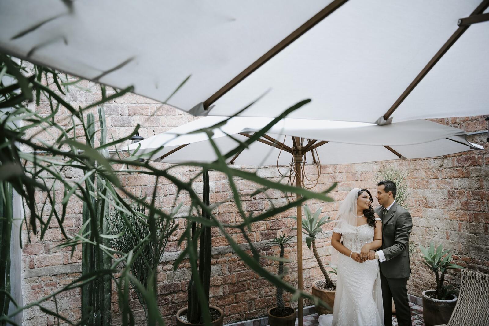 Los novios bajo un toldo entre plantas y paredes de ladrillo